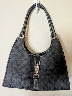 Gucci Black Monogram Shoulder Bag with Silver Accent Hardware In Great Condition